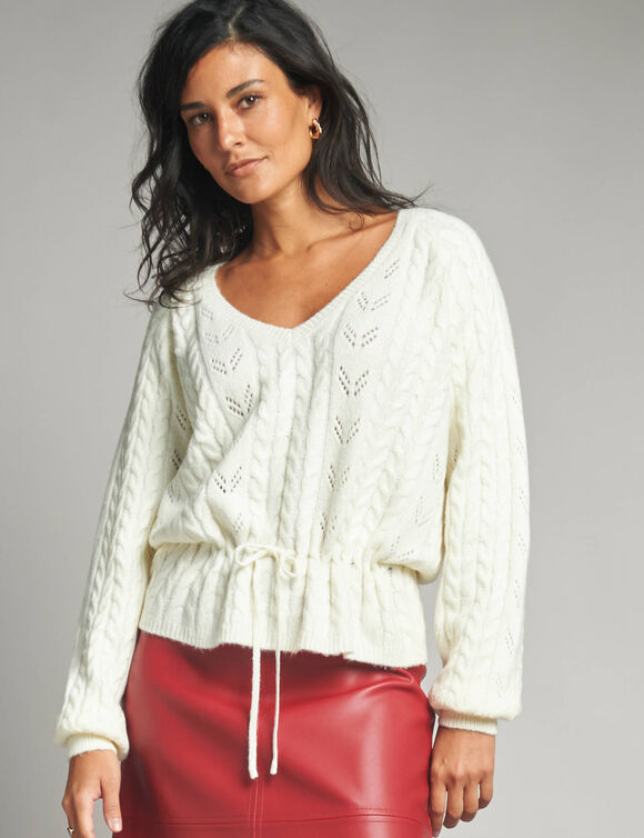 Pull col V maille fantaisie (écru) Pull col V maille fantaisie (écru)